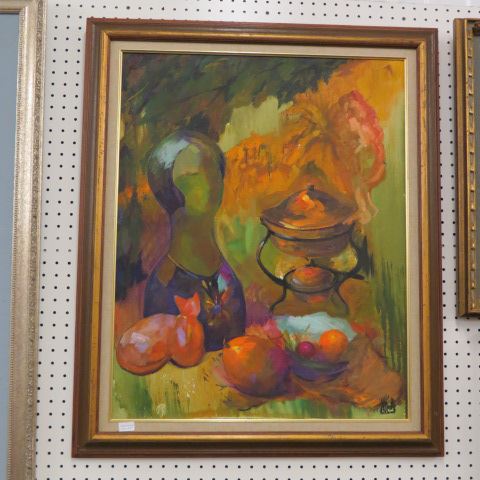 Appraisal: Margaret Kelly oil still life with fruit Fondu pot more