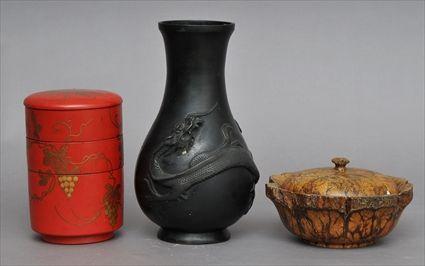 Appraisal: THREE JAPANESE ARTICLES Including a bronze baluster-form vase decorated with