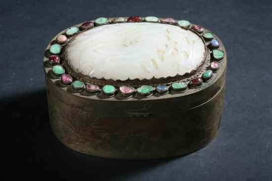 Appraisal: CHINESE JEWELED GILT COPPER WHITE JADE MOUNTED OVAL BOX Qing