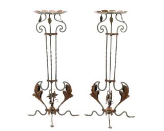 Appraisal: Pair of Wrought Iron Tole Jardiniere Stands A matched pair