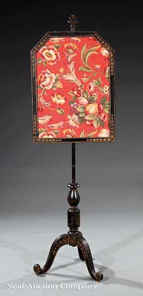 Appraisal: An English or American Ebonized and Gilt-Decorated Pole Screen late