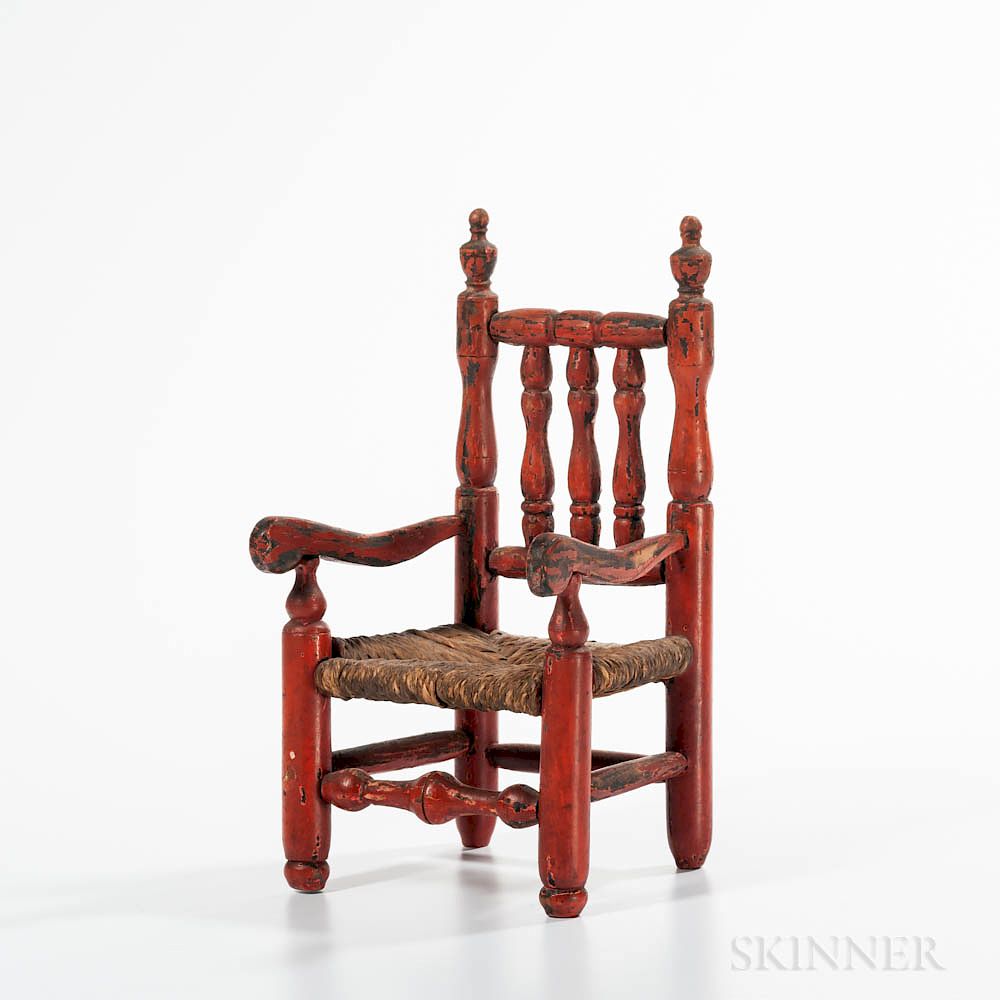 Appraisal: Red-painted Miniature Bannister-back Great Chair Red-painted Miniature Bannister-back Great Chair