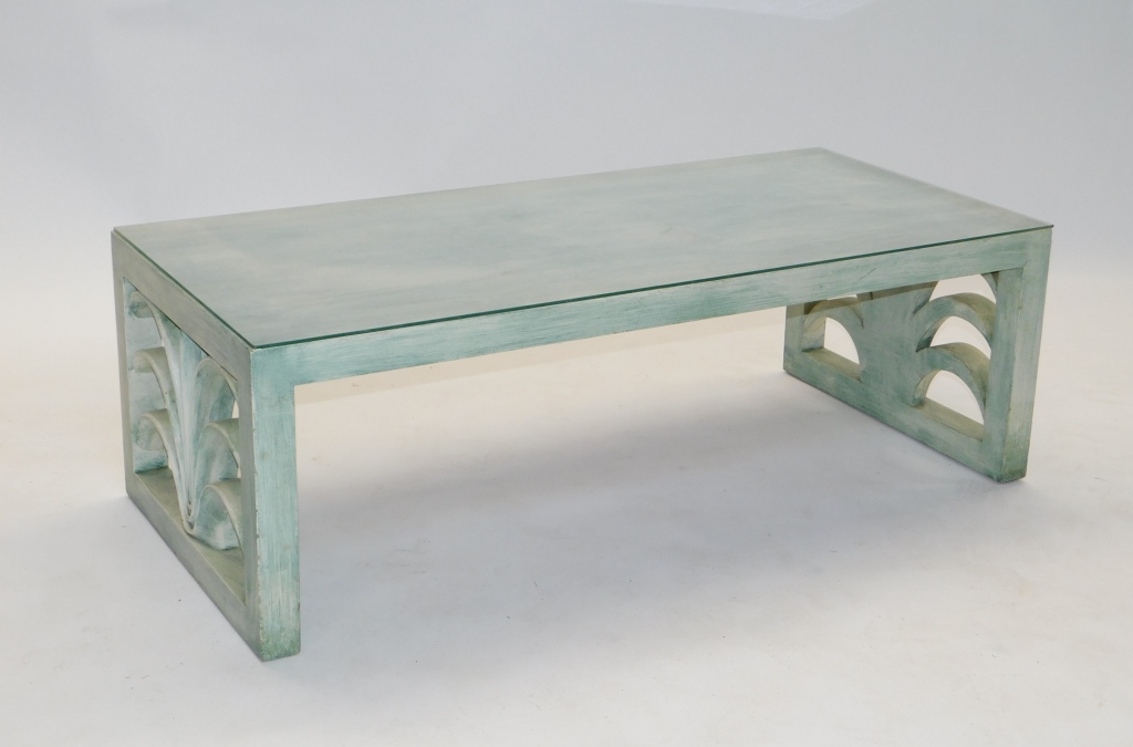 Appraisal: WIDDICOMB GLASS TOP GREEN VENEER COFFEE TABLE Michigan th CenturyRectangular