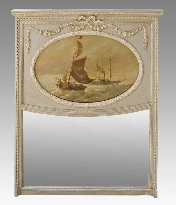 Appraisal: FRENCH TRUMEAU MIRROR Top painting of French ships one a