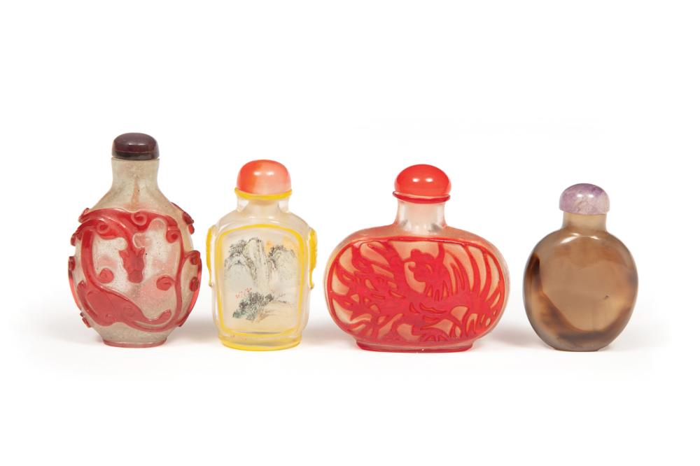 Appraisal: Four Chinese Glass Snuff Bottles incl red overlay bubble suffused