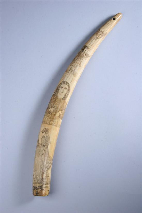 Appraisal: SCRIMSHAW DECORATED WALRUS TUSK Figures of th century maidens including