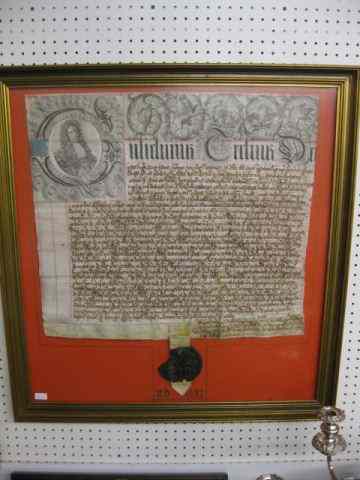 Appraisal: th Century English Parchment Documentwith seal framed fine pen ink