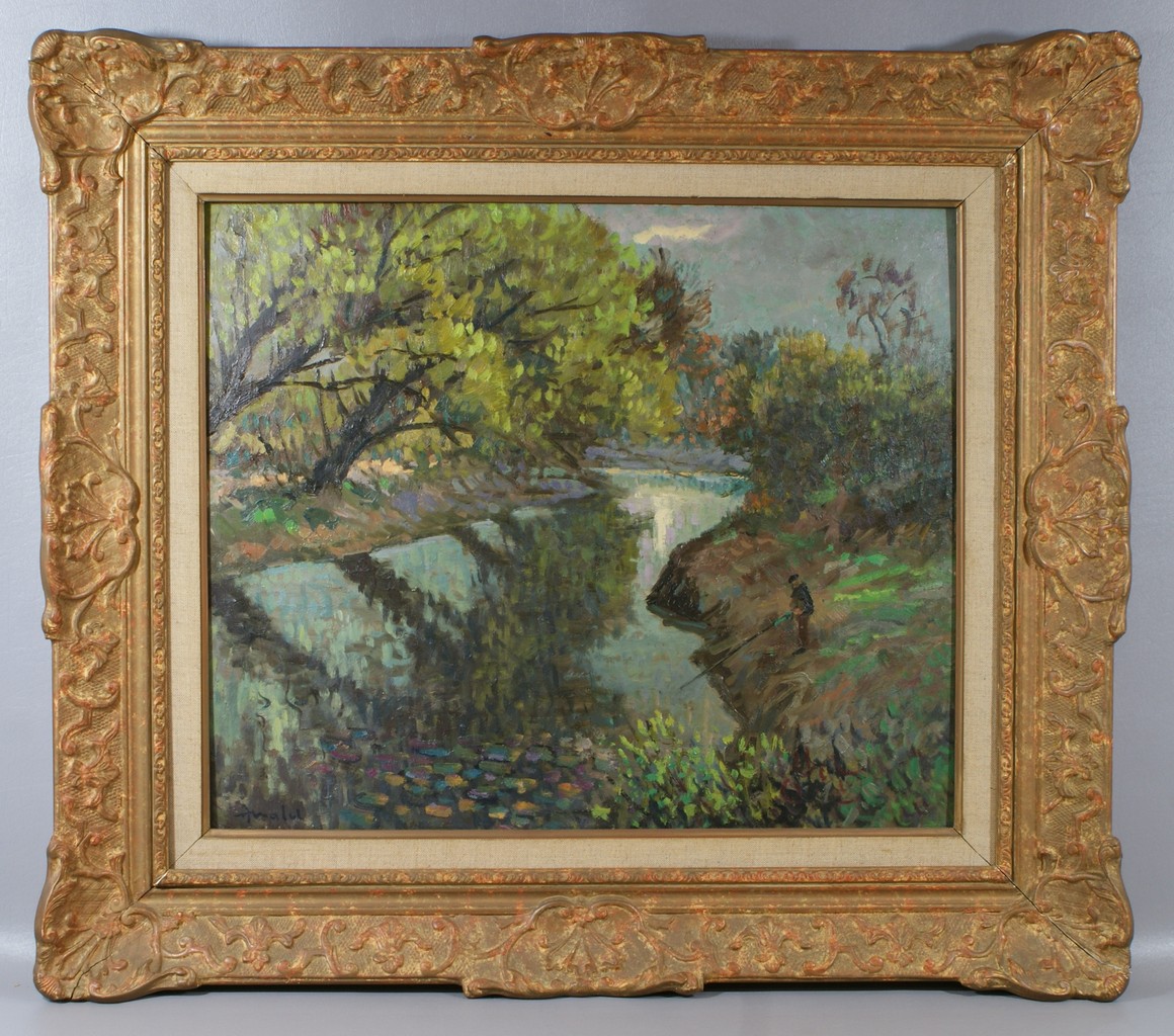 Appraisal: Oil on masonite Man Fishing in a River x signed