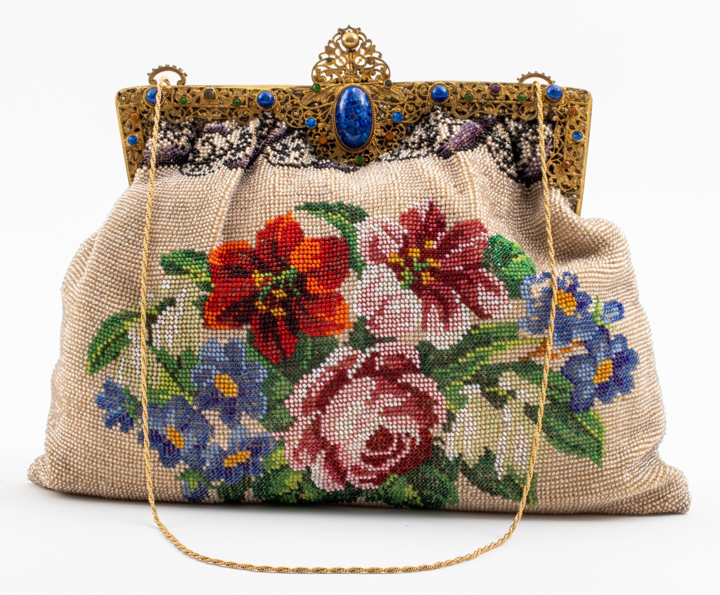 Appraisal: VINTAGE FLOWER BEADED PURSE Vintage flower beaded purse with gold-toned