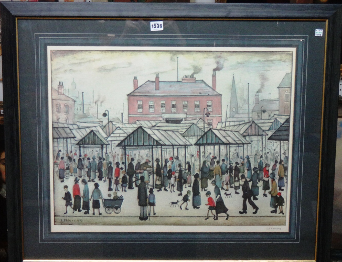 Appraisal: Laurence Stephen Lowry - Market scene Northern town colour reproduction