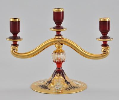 Appraisal: A Bohemian Glass Candleholder Ruby red glass three light candleholder