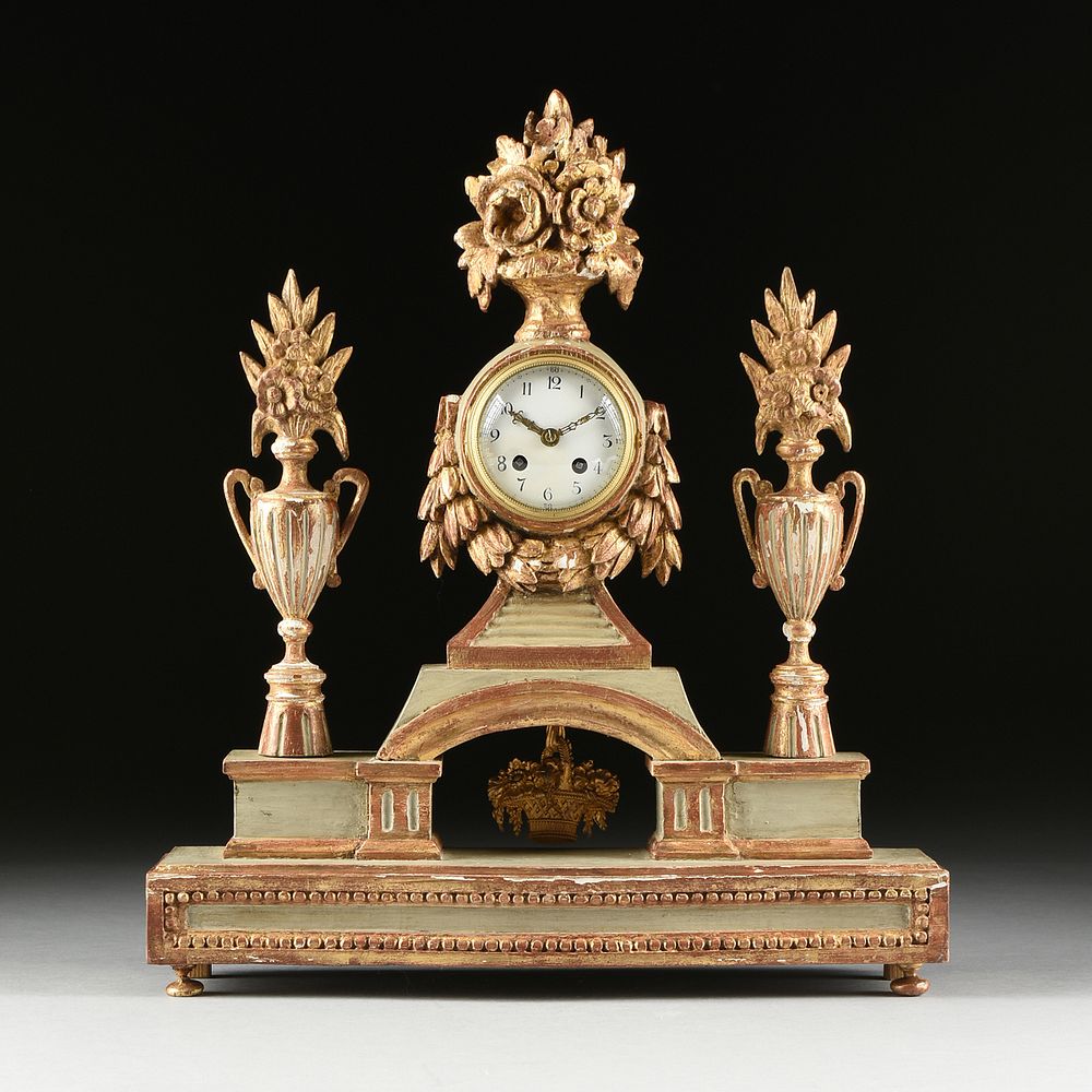 Appraisal: A PROVINCIAL NEOCLASSICAL PARCEL GILT AND PAINTED WOOD MANTLE CLOCK