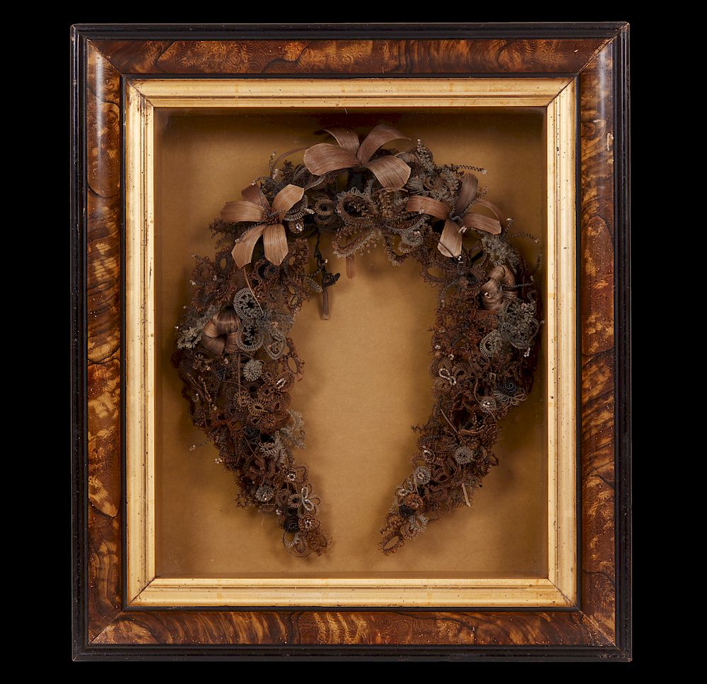 Appraisal: Victorian Woven Hair Wreath Victorian woven hair wreath in shadowbox