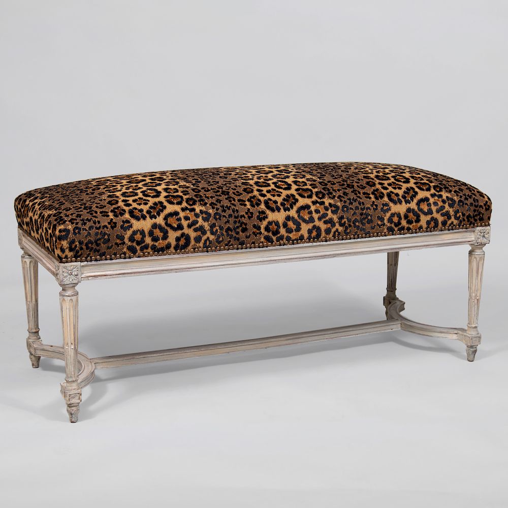 Appraisal: Louis XVI Style Grey Painted Window Seat Upholstered in leopard