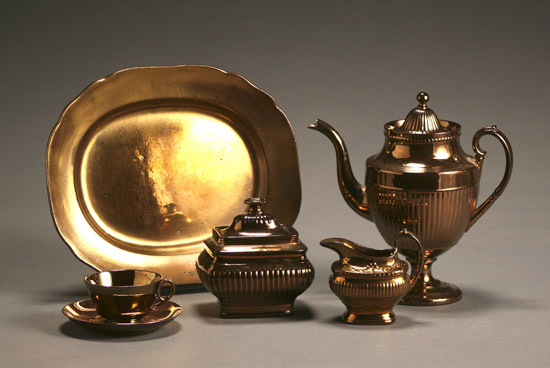 Appraisal: European Thirteen-Piece Assembled Copper Lustre Tea Service th Century Comprising