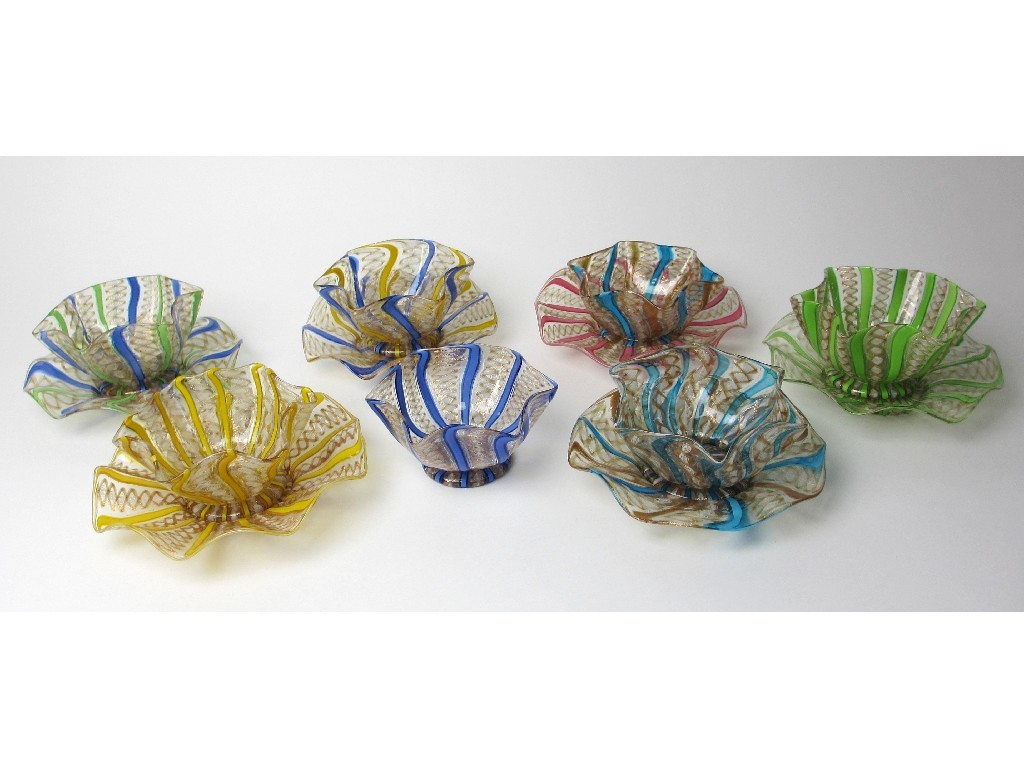 Appraisal: Seven Murano lattacino sundae bowls and six wavy stands in