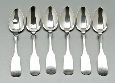 Appraisal: Six Charleston coin silver spoons fiddle handles and downturned tipt