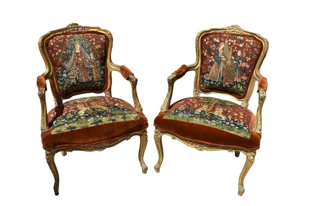 Appraisal: PAIR OF LOUIS XV STYLE GILTWOOD FAUTEUILS EN CABRIOLETFirst half