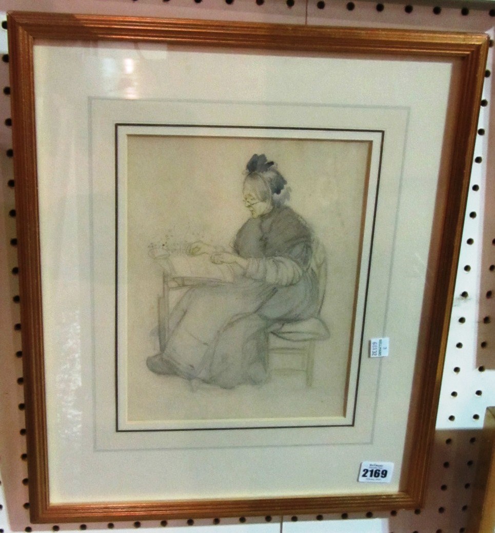 Appraisal: K Blackmore An old lady lace marking watercolour and pencil