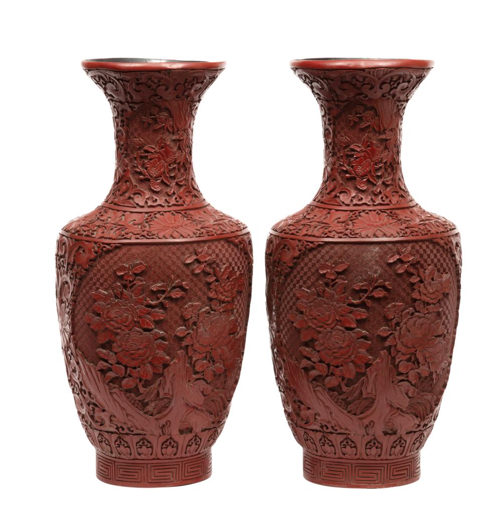 Appraisal: Large and Decorative Pair of Chinese Red Lacquer Vases relief