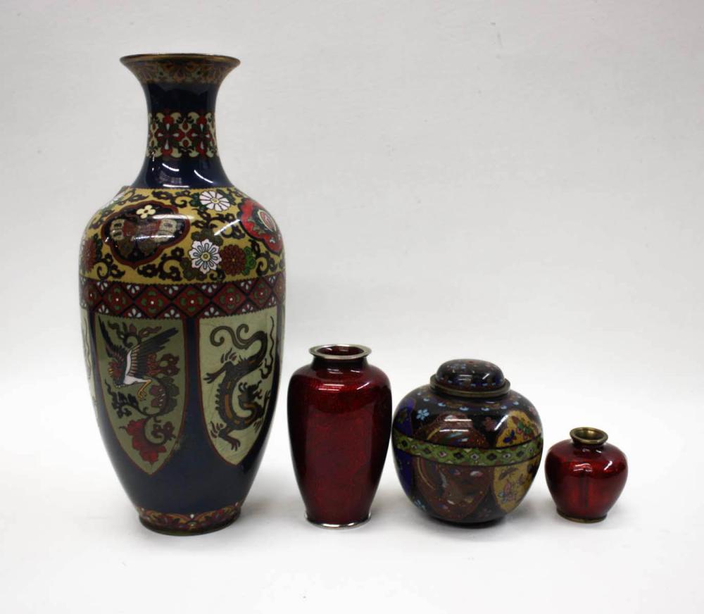 Appraisal: FOUR JAPANESE CLOISONNE VESSELS comprised of vase with high rounded