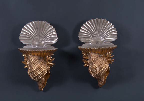 Appraisal: Large Pair of Italian Carved Silvered and Gilded Wood Coquille