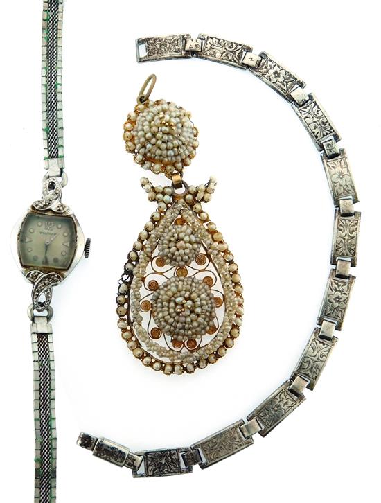 Appraisal: JEWELRY K cased ladies watch seed pearl pendant and sterling