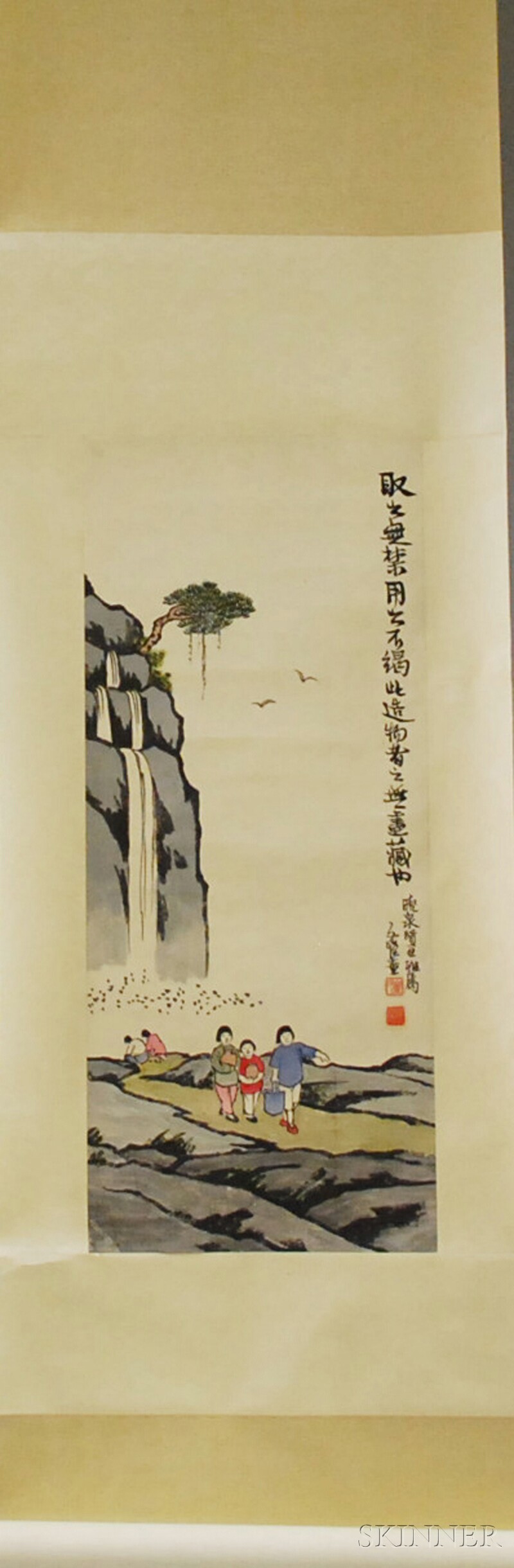 Appraisal: Chinese Ink and Watercolor on Paper Hanging Scroll Depicting Figures