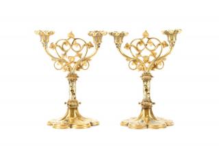 Appraisal: Pair of Continental Champleve Enamel Candelabras Continental early th century