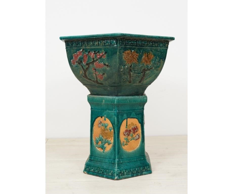 Appraisal: Large two-part green glazed planter th c of hexagonal form