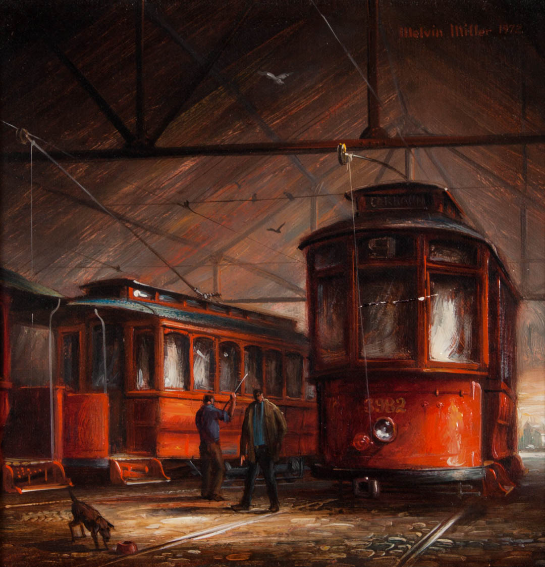 Appraisal: a Melvin Miller Streetcars in Garage oil on canvas Melvin