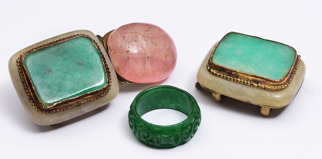 Appraisal: A CHINESE SPINACH JADE CARVED RING and a Chinese jade