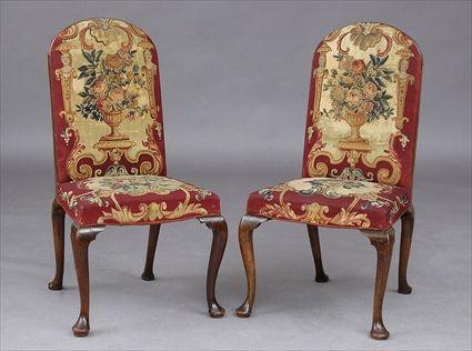 Appraisal: PAIR OF QUEENE ANNE WALNUT SIDE CHAIRS WITH TAPESTRY UPHOLSTERY