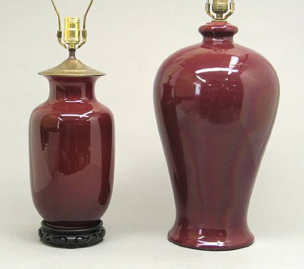 Appraisal: Two Chinese sang de boeuf porcelain table lamps The first