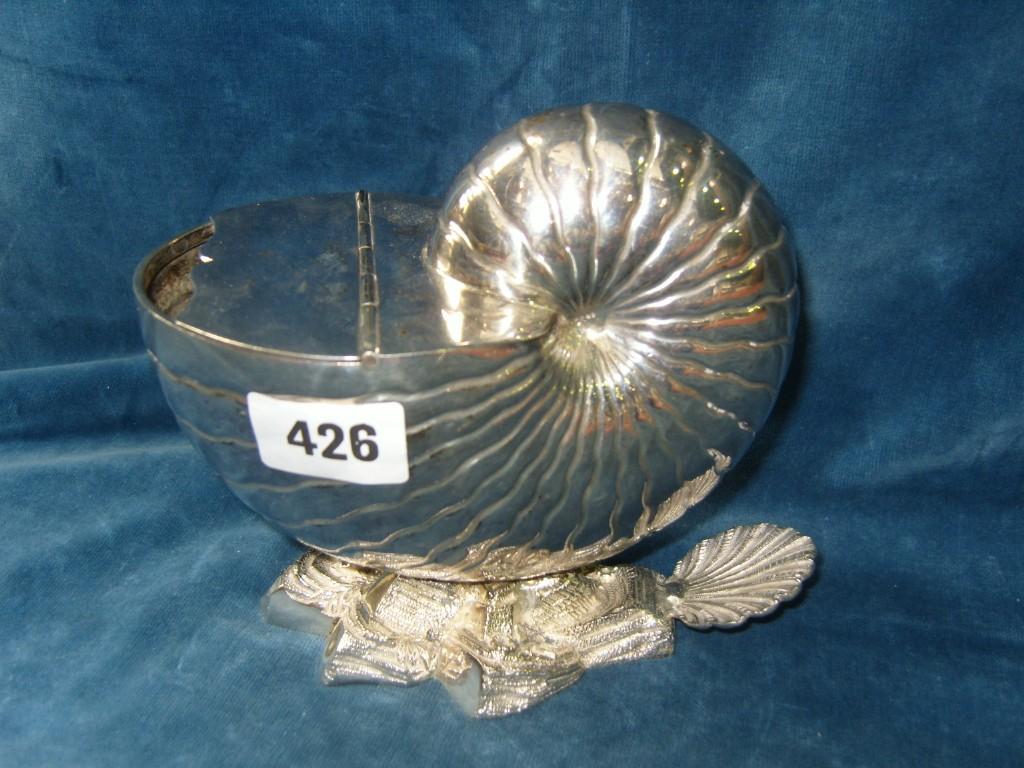 Appraisal: A lidded silver plated nautilus shell spoon warmer on a