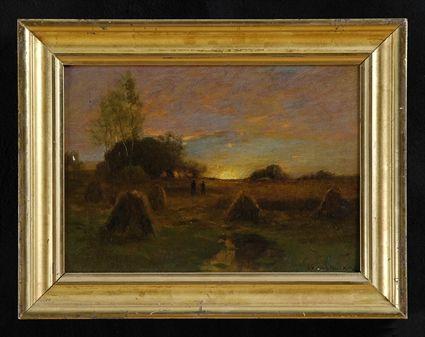 Appraisal: DUBOIS FENELON HASBROUCK - HAYRICKS AT DUSK Oil on canvas