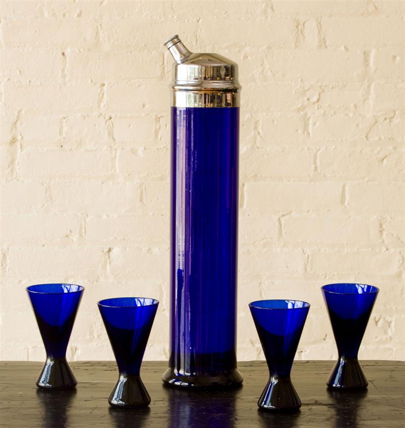 Appraisal: SKYSCRAPER COBALT GLASS COCKTAIL SHAKER AND FOUR GLASSES Shaker x