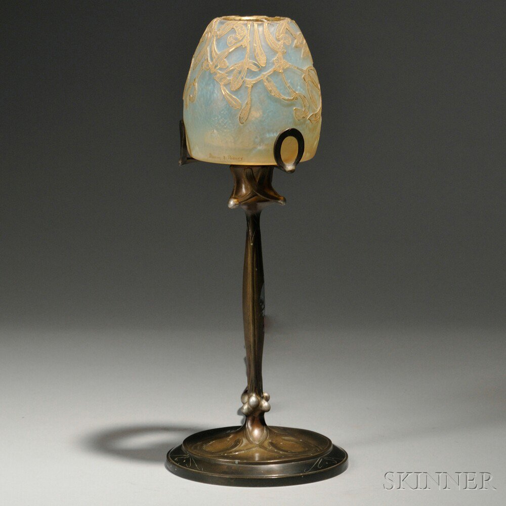 Appraisal: Daum and Jules Jouant Mistletoe Lamp Enameled art glass patinated