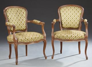 Appraisal: Pair of French Carved Walnut Fauteuils early th c with