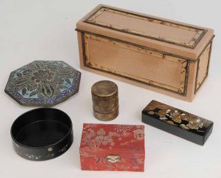 Appraisal: Five Decorative Boxes and Wine Coaster six items Chinese Japanese