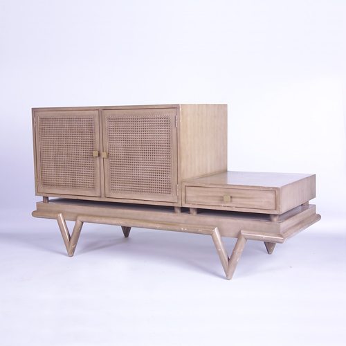 Appraisal: MODERN Two-door cabinet with caned door panels two interior drawers