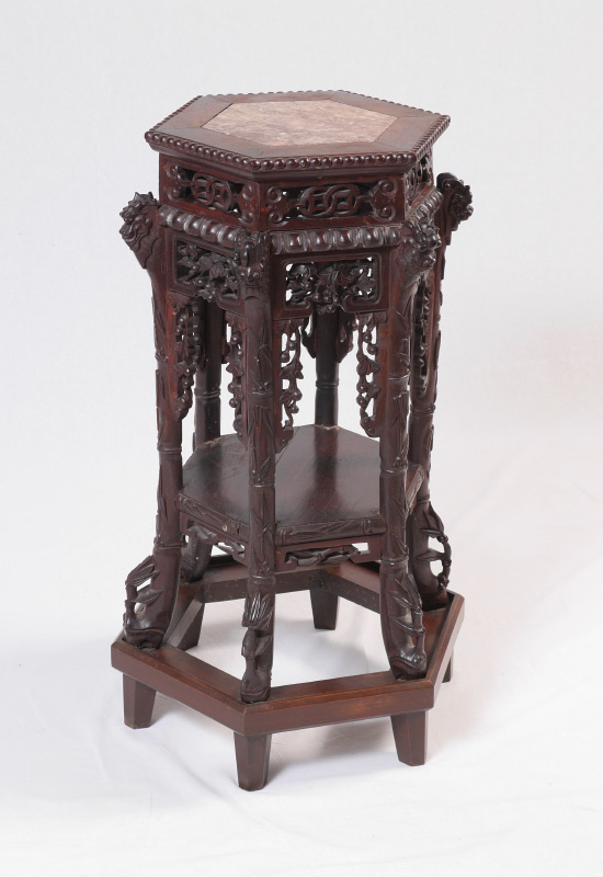 Appraisal: ORIENTAL CARVED MARBLE TOP JARDINIERE STAND Hexagonal marble inset top