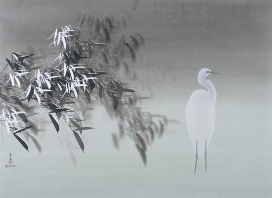 Appraisal: DAVID LEE Chinese b CRANE AND FOLIAGE Signed and sealed