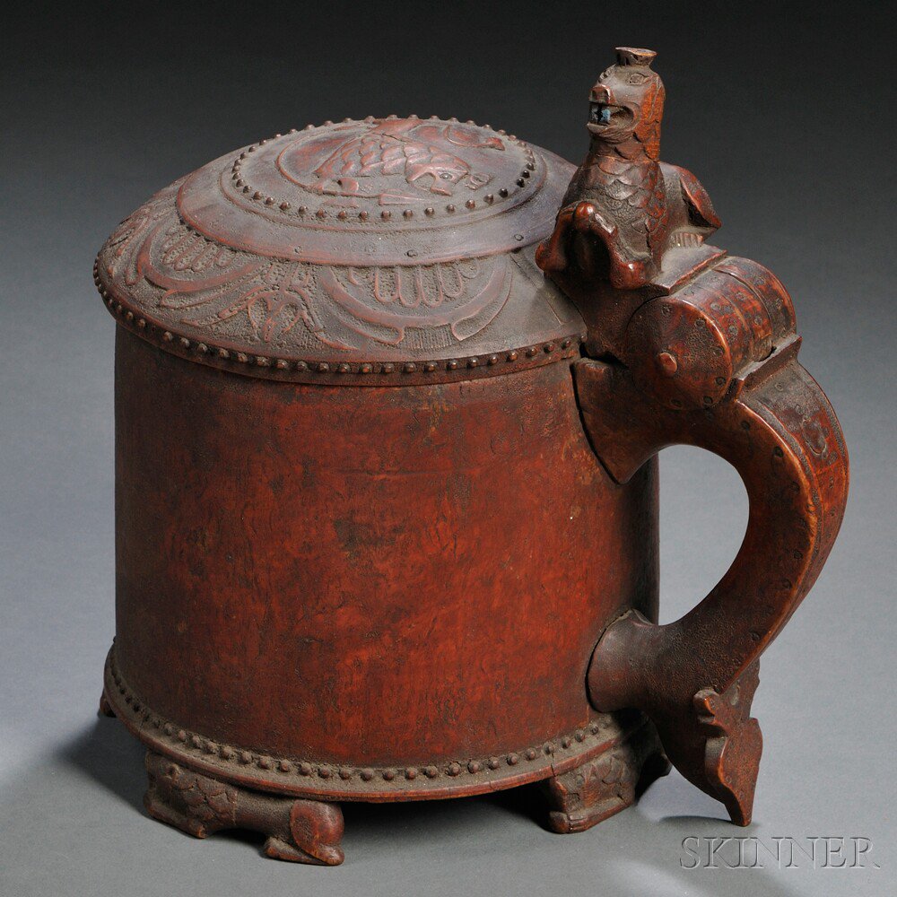 Appraisal: Scandinavian Carved Wood Tankard th century large cylindrical form with