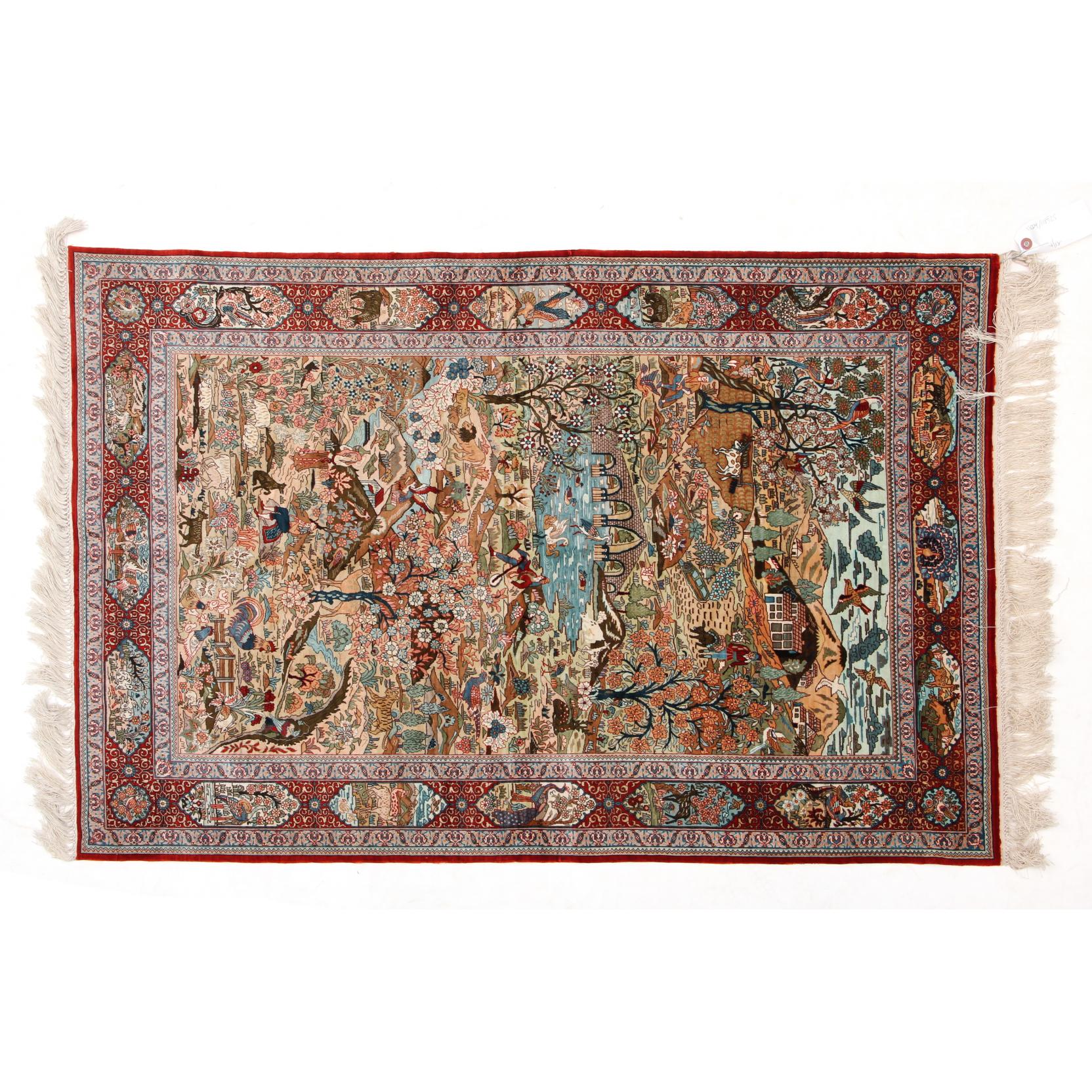 Appraisal: Sino-Persian Pictorial Silk Area Rug very finely knotted with intricate