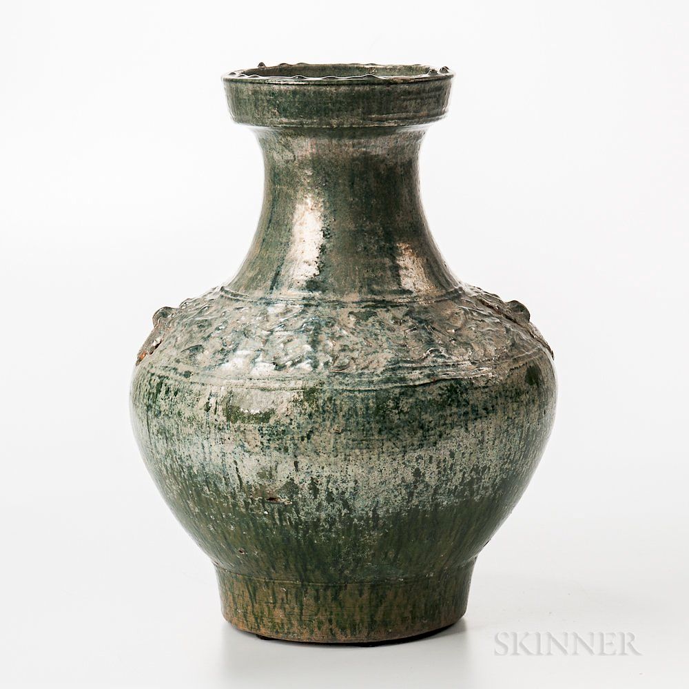 Appraisal: Large Iridescent Green-glazed Jar Large Iridescent Green-glazed Jar China Han