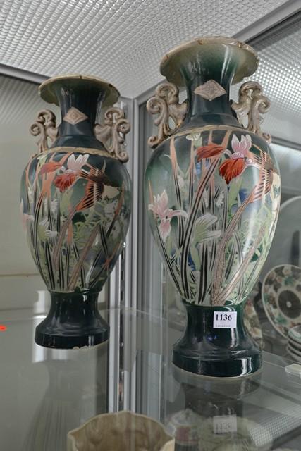 Appraisal: A PAIR OF EXPORT WARE TWIN HANDLED VASES WITH BIRD