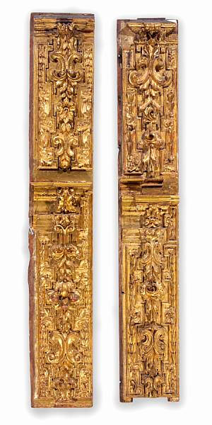 Appraisal: Two similar Italian Baroque parcel gilt mahogany and pine pilasters