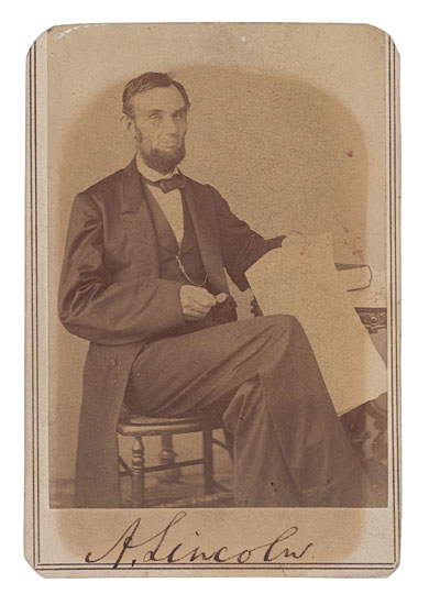 Appraisal: LINCOLN ABRAHAM Photograph Signed A Lincoln as President carte-de-visite portrait