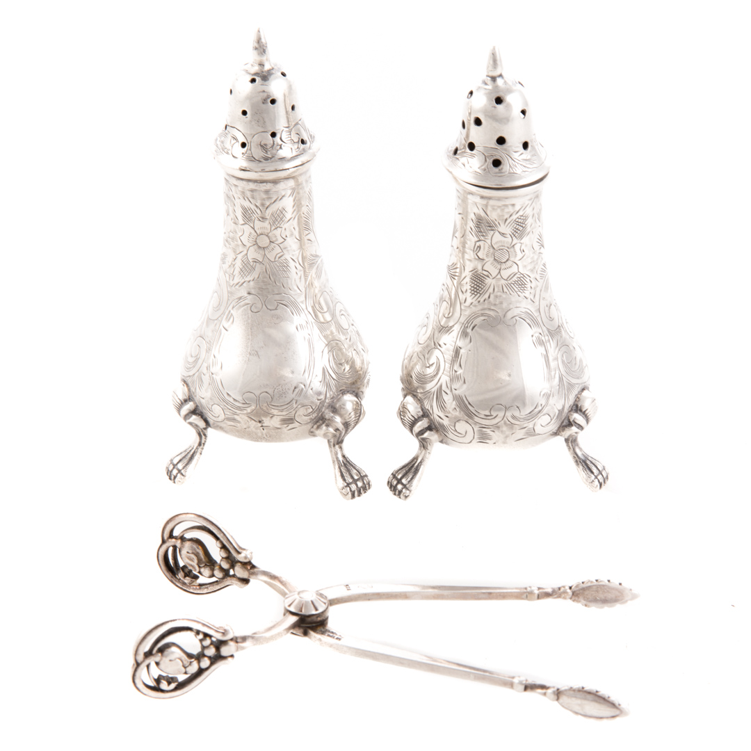 Appraisal: Schofield sterling shakers Georg Jensen tongs Schofield sterling salt pepper